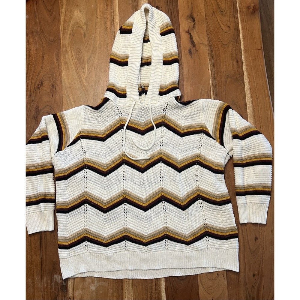 Trendy Threads Womens 3X Chevron Knit Hoodie Sweater White Brown Earthy Zig Zag